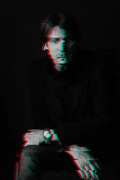 Glitch effect on black and white face of person Stock Photos