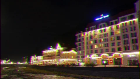 Glitch effect. Building offices Rosa Khutor night. Sochi, Russia Stock Footage 107132453