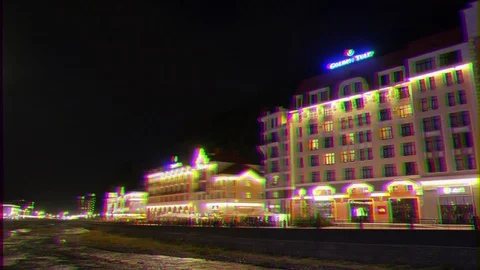 Glitch effect. Building offices Rosa Khutor night. Sochi, Russia Stock Footage 107132477