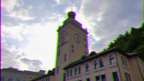 Glitch effect. Clock Tower Rosa Khutor. Evening Sochi, Russia Stock Footage 107132094