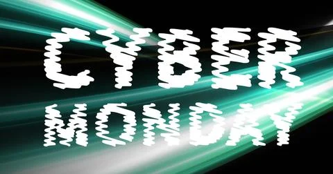 Glitch-effect CYBER MONDAY text flashing in black graphic canvas, with teal and Stock Photos