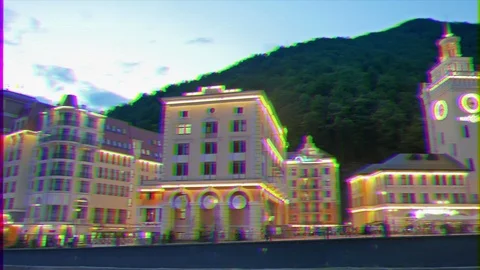 Glitch effect. Embankment Rosa Khutor in the evening, Mzymta River, Sochi, Stock Footage 106821833