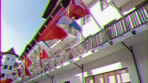 Glitch effect. Flags of countries in the Olympic Village. Russia, Sochi Stockbeeldmateriaal 106821274