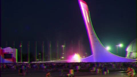 Glitch effect. The fountain at the main Olympic torch. Sochi, Russia Stock Footage 107080564