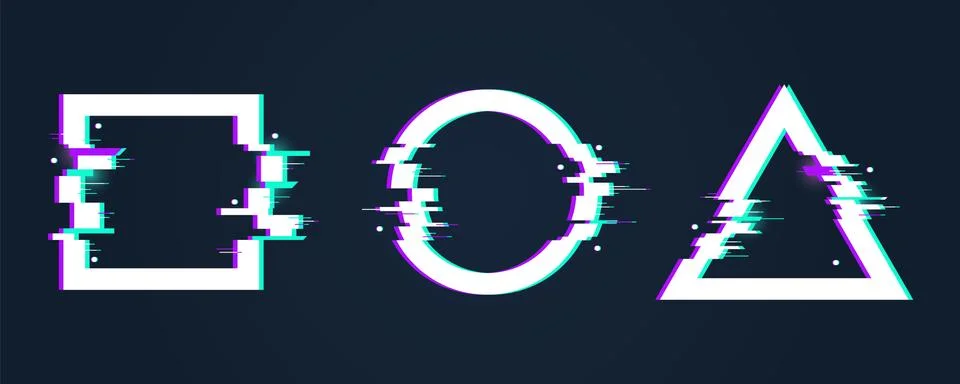 Glitch effect frames. Circle distorted shape. Digital broken triangle and square Illustrazione stock