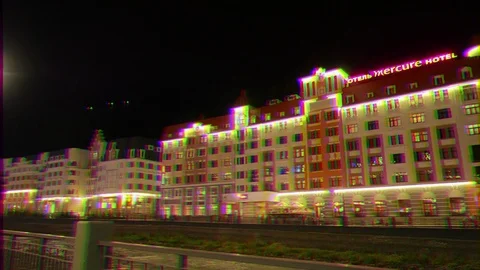 Glitch effect. Mercure Rosa Khutor Hotel. Night. Sochi, Russia Stock Footage 107191314
