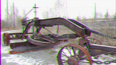 Glitch effect. Old iron road scraper. Russia 스톡 동영상 107360354