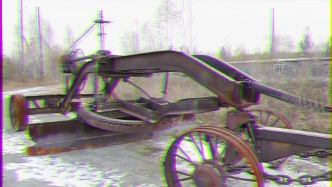 Glitch effect. Old iron road scraper. Russia 스톡 동영상 107360361
