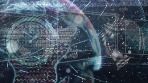 Glitch effect over data processing and ticking clock against spinning globe on Stock Footage 329919629
