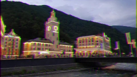 Glitch effect. Panorama waterfront Rosa Khutor night. Sochi, Russia Stock Footage 107132175