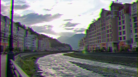 Glitch effect. Quay Rosa Khutor in the evening, Mzymta River, Sochi, Russia Stock Footage 106821530