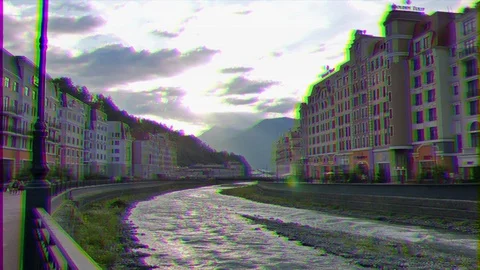 Glitch effect. Quay Rosa Khutor in the evening, Mzymta River, Sochi, Russia Stock Footage 106821599