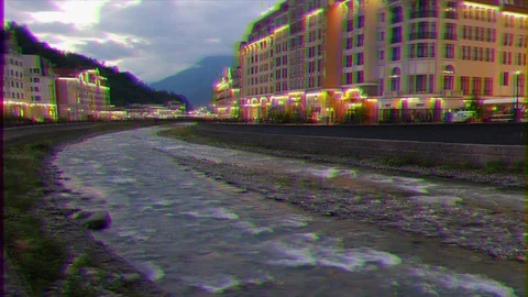 Glitch effect. Quay Rosa Khutor night. Sochi, Russia Stock Footage 107132208