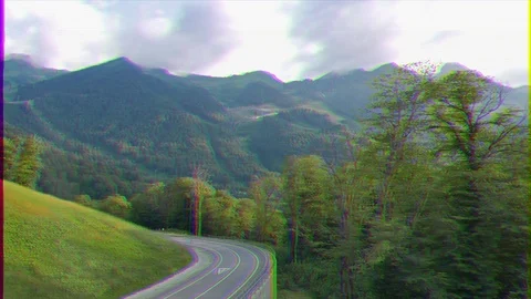 Glitch effect. Road to the Olympic village in the mountains. Russia, Sochi Vídeo Stock 106821338