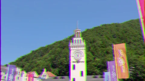 Glitch effect. Rosa Khutor, Clock Tower, Sochi, Russia Stock Footage 106819337