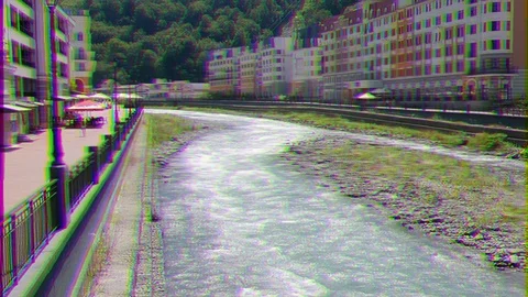 Glitch effect. Rosa Khutor embankment. Sochi, Russia 스톡 동영상 106819613