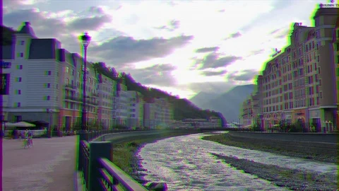 Glitch effect. Rosa Khutor in the evening , Mzymta River, Sochi, Russia 스톡 동영상 106821510
