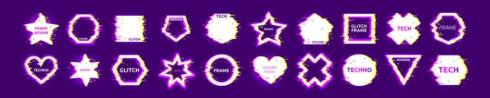 Glitch effect shape. Distorted techno frame. Broken glow of square. Pixel circle Stock Illustration