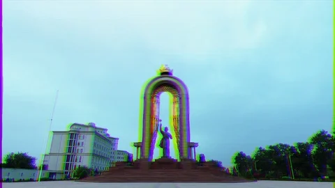 Glitch effect. Statue of Somoni at dawn. Dushanbe, Tajikistan Stock Footage 106439871