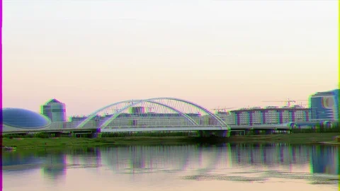 Glitch effect. Sunset over the river. Zoom. Astana, Kazakhstan, Nur-Sultan Stock Footage 106440185