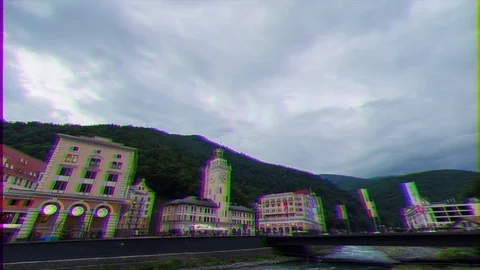 Glitch effect. Sunset on the Rosa Khutor, TimeLapse.  Sochi, Russia 스톡 동영상 107131852