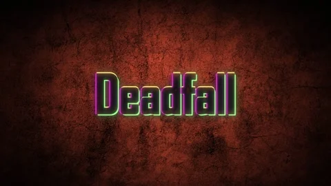 Glitch effect text animation featuring the word deadfall over a dark grunge Video stock 343818146