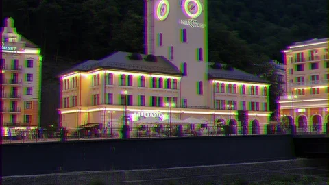Glitch effect. Tower of Rosa Khutor. Mzymta River. Sochi, Russia Stock Footage 107132092
