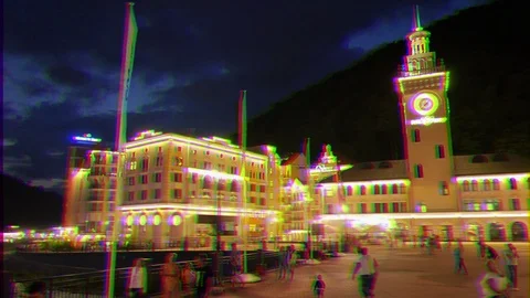 Glitch effect. Tower Rosa Khutor at night. Krasnaya Polyana, Sochi, Russia Stock Footage 107132352