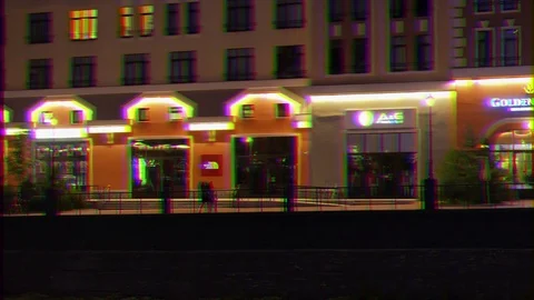 Glitch effect. Waterfront Rosa Khutor night. Sochi, Russia Stock Footage 107132462