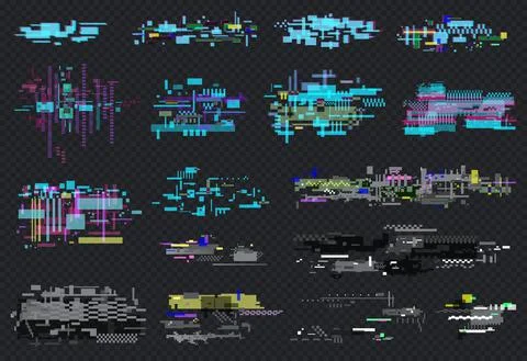 Glitch element set, retro technology, technical problem grunge, pixel texture on イラスト素材