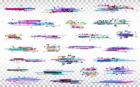 Glitch elements set. Color distortions on transparent background Stock Illustration