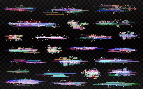 Glitch elements set. Glitched lines noise. Error templates. Color glitches Stock Illustration