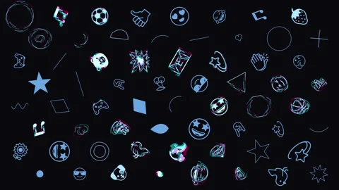 Glitch Emoji Icons Pattern, Blue Symbols with RGB Distortion on Dark Background Stock Footage 331545984