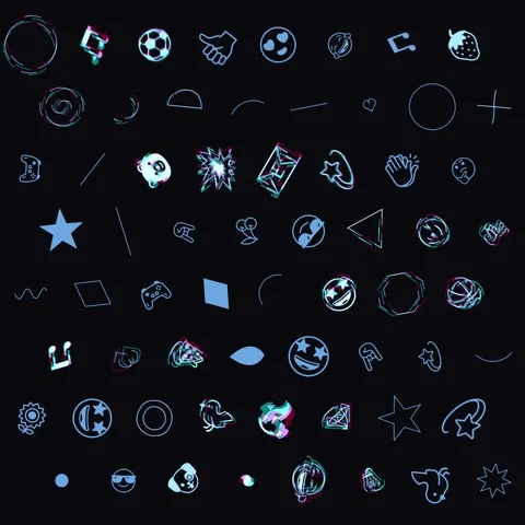 Glitch Emoji Icons Pattern, Blue Symbols with RGB Distortion on Dark Background Stock Footage 331545986