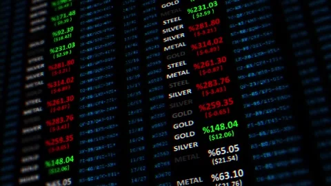 Glitch financial trading board visual bright market values, commodity text, perc Stock Footage 340526248