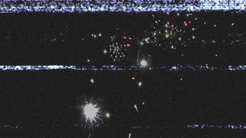 On glitch flicker appearing, firework shells launching and exploding over night Stock Footage 310729082