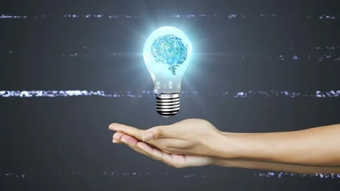 With glitch flickering, hands cupping, forming bulb with neural net pulsing and Stock Footage 317117304