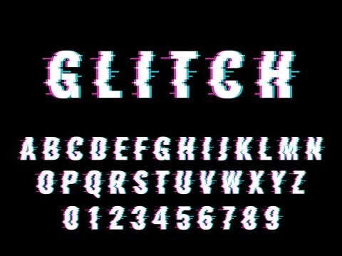Glitch font. Broken effect letters and numbers, distorted latin alphabet with Stock Illustration