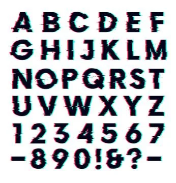 Glitch font with distortion effect vector letters and numbers, light backgrou Stock Illustration