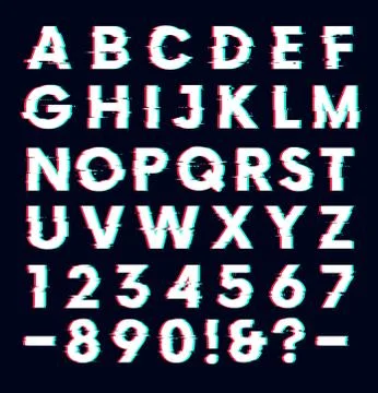 Glitch font with distortion effect vector letters and numbers, dark backgroun Stock Illustration