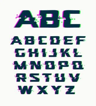 Glitch font, vector isolated abstract symbols with digital noise, modern design Stock Illustration