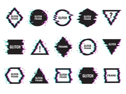 Glitch frames. Distorted graphics with abstract offset and neon glow effects Illustrazione stock