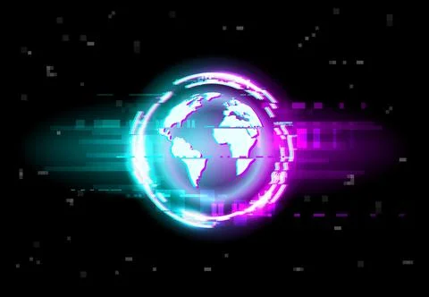 Glitch, globe map background, digital noise pixels Stock Illustration