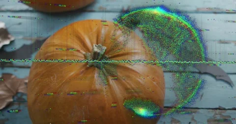 Glitch line appearing triggers pixel swirl around pumpkin flashing bat shape for Stock Footage 316966901