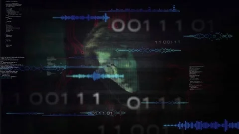 Glitch lines flickering, man profile emerging amid waveforms, binary code and Stock Footage 330337319