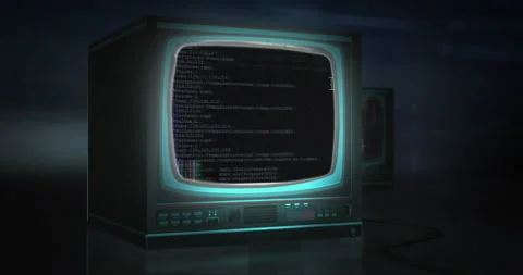Glitch lines of hacker code on screens in the dark smoky room Stock Footage 131389972