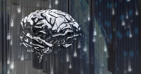 As glitch lines scanning, metallic brain model rotating for showing data flow in Stock Footage 311084438