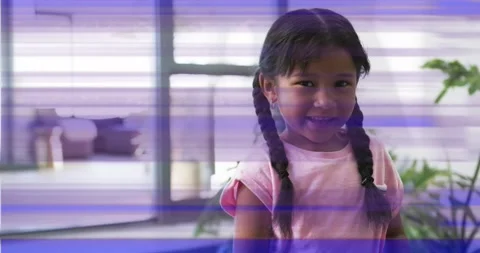 Glitch lines starting flickering scan effect over smiling child by glass doors Stock Footage 317183633