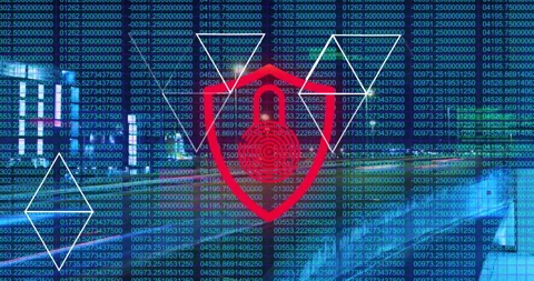 Glitch lines sweeping code, polygons shifting, shield pulsing fingerprint rings Stock Footage 312082948