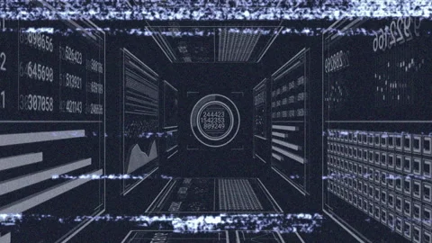Glitch lines sweeping corridor starting reticle locking point with panels Stock Footage 310780506
